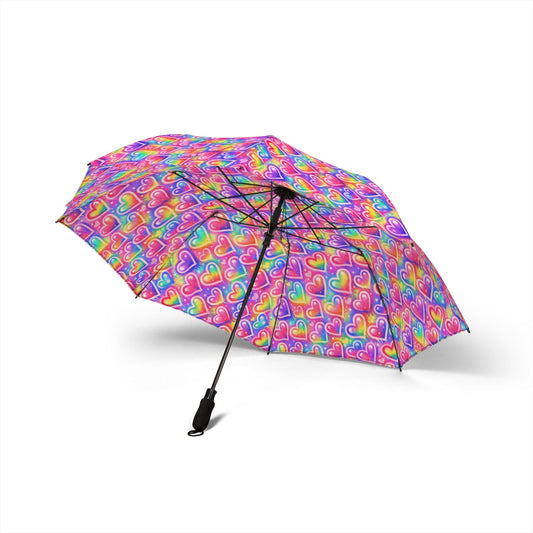 Rainbow Hearts Foldable Umbrella โ Compact Semi-Automatic Rain Parasol