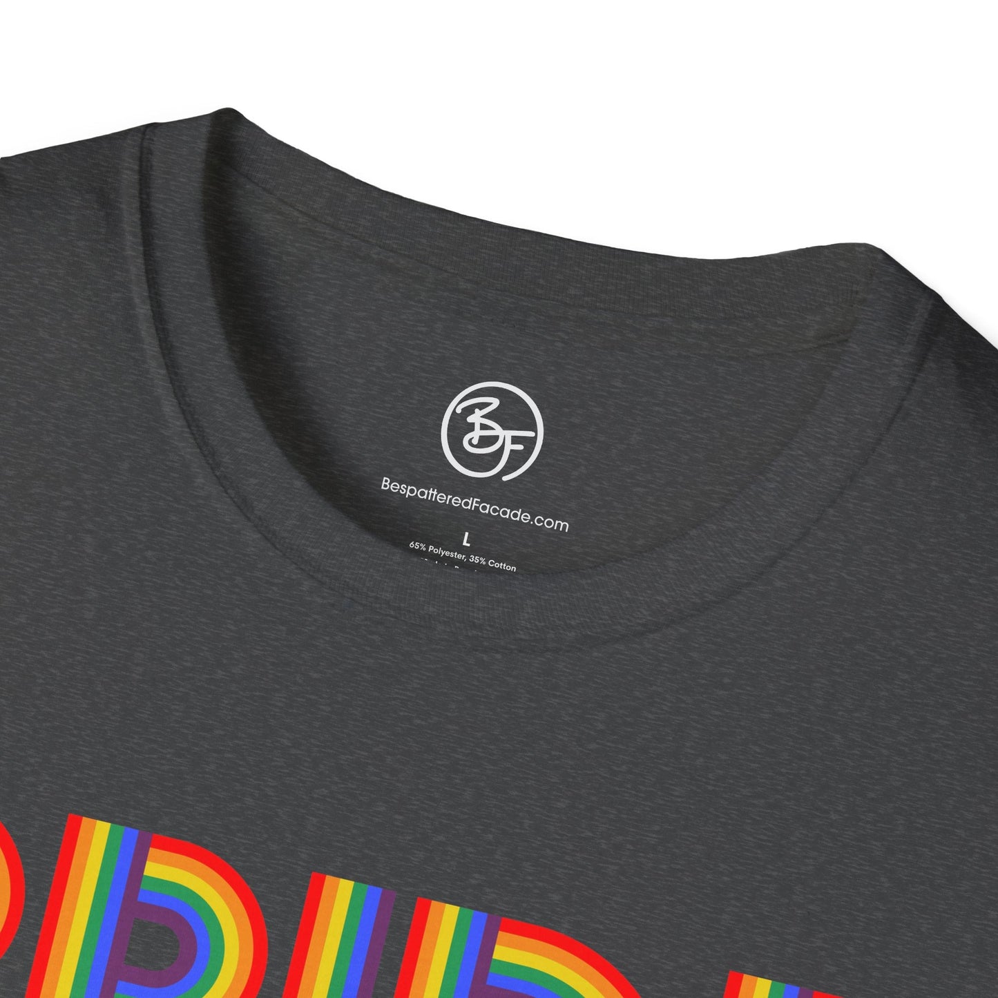 Bespattered Facade Rainbow Pride Ribbon Letters Unisex Softstyle T-Shirt