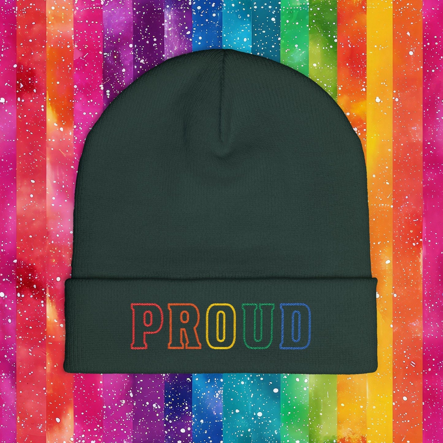 Bespattered Facade Rainbow Proud LGBTQ+ Pride Embroidered Knit Beanie