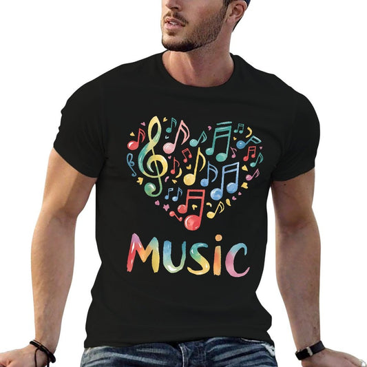 Music Lover Colorful Musical Notes Treble Clef Heart  Rolled Sleeves T-Shirt