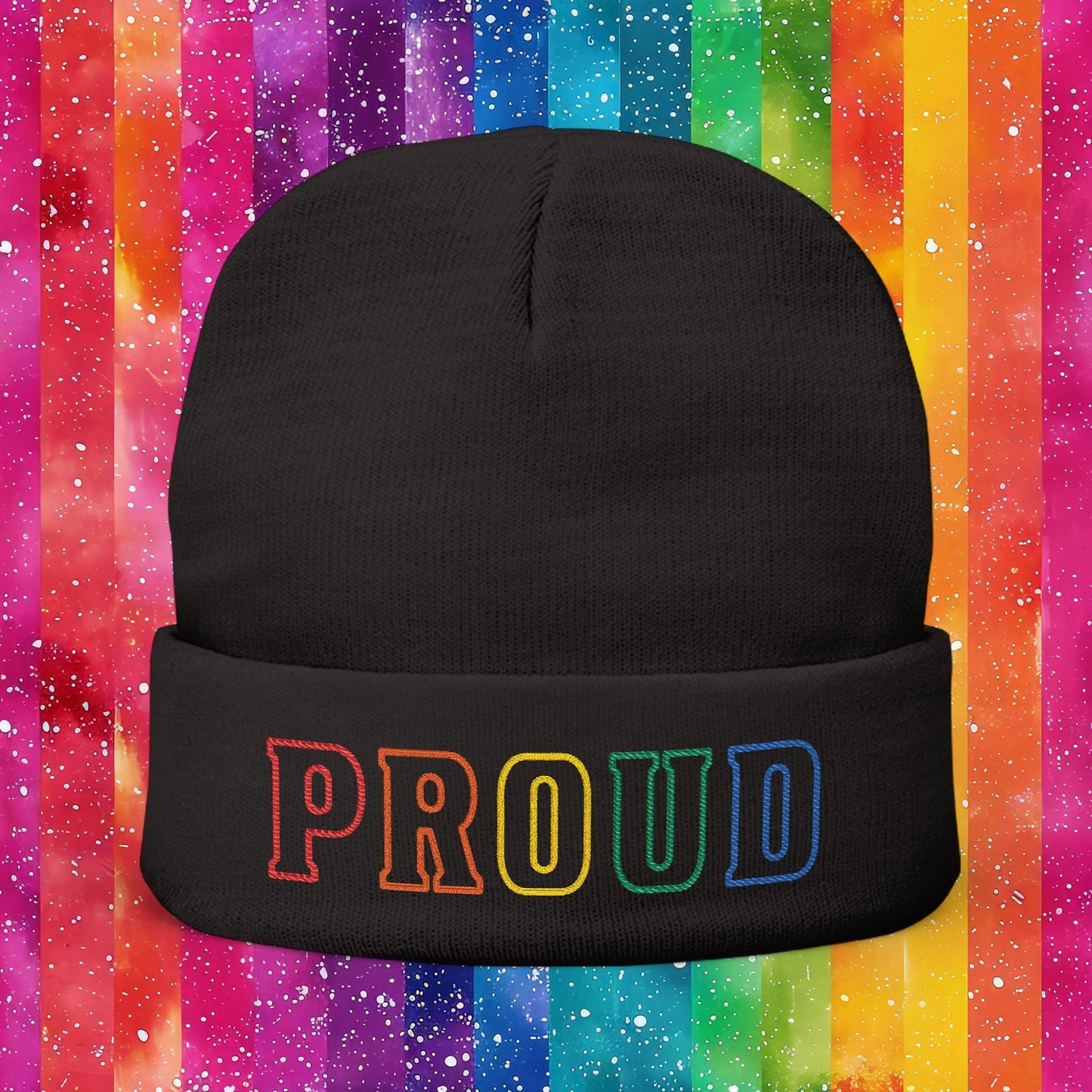 Bespattered Facade Rainbow Proud LGBTQ+ Pride Embroidered Knit Beanie