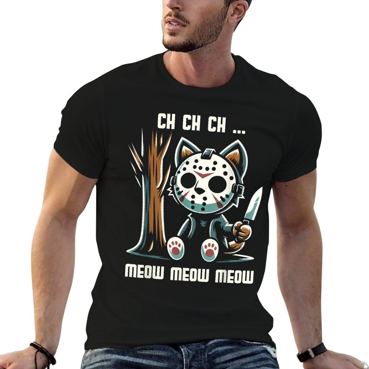 Vintage Cat Movie Horror Lovely Animal Classic Meow Kitten Men Women Girls Kids  Ribbed Collar T-Shirt