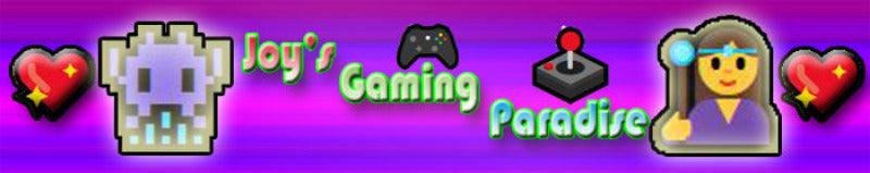 Pixel art banner for 'Joy's Gaming Paradise' with gaming-themed icons and a purple background.