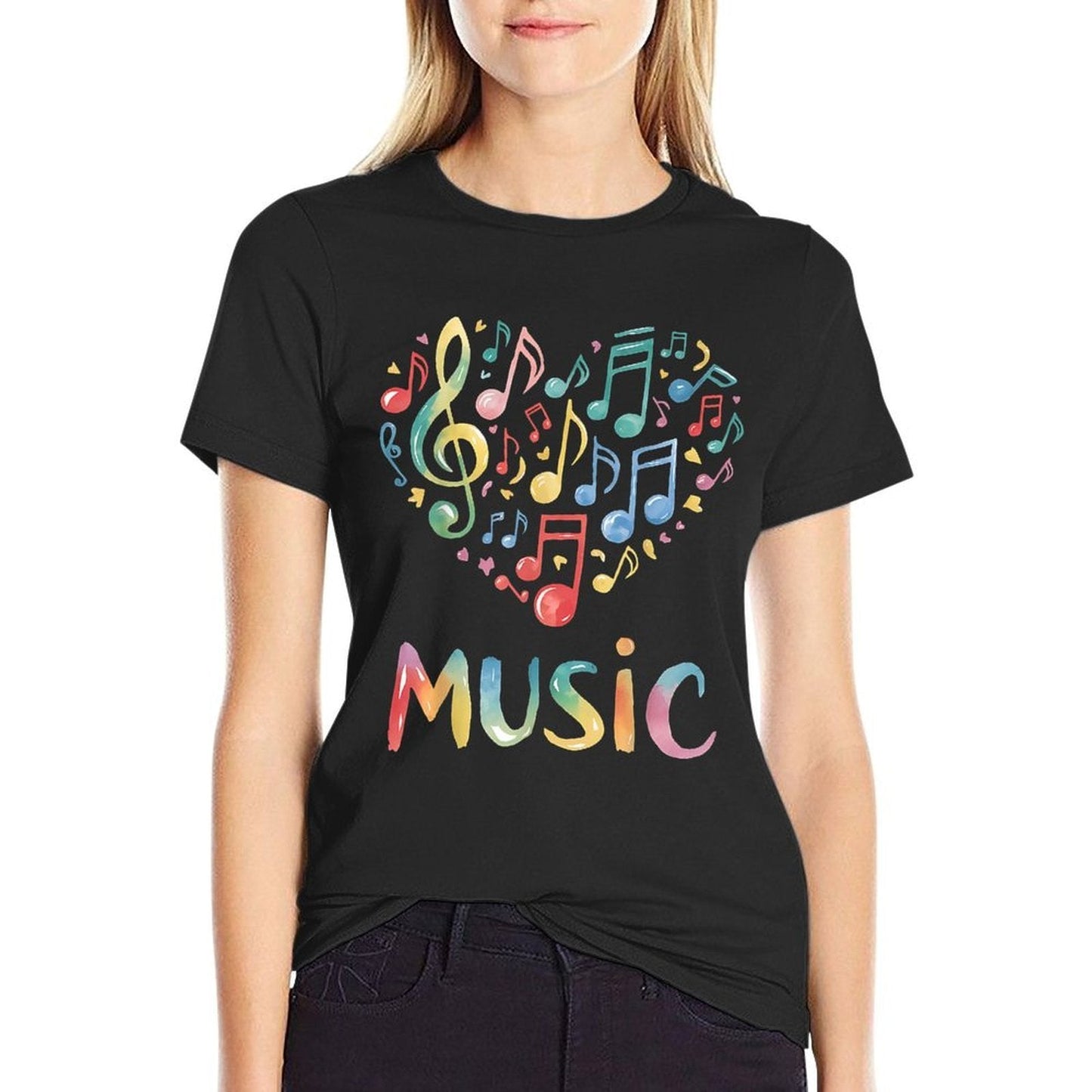 Music Lover Colorful Musical Notes Treble Clef Heart  Rolled Sleeves T-Shirt